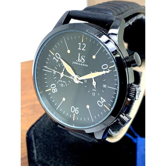 Joshua & Sons Men's Watch JX146 Quartz Black Dial Leather Band 43mm - Picture 1 of 13